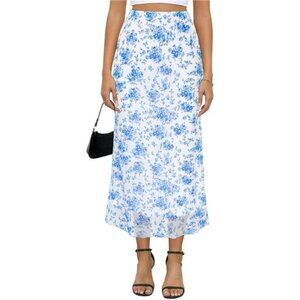 Women's Mesh Midi Skirt Elastic High Waisted White Blue